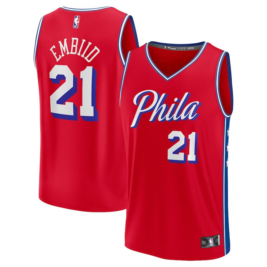 Men Philadelphia 76ers #21 Joel Embiid Fanatics Branded Red 2022-23 Fast Break Replica Player NBA Jersey